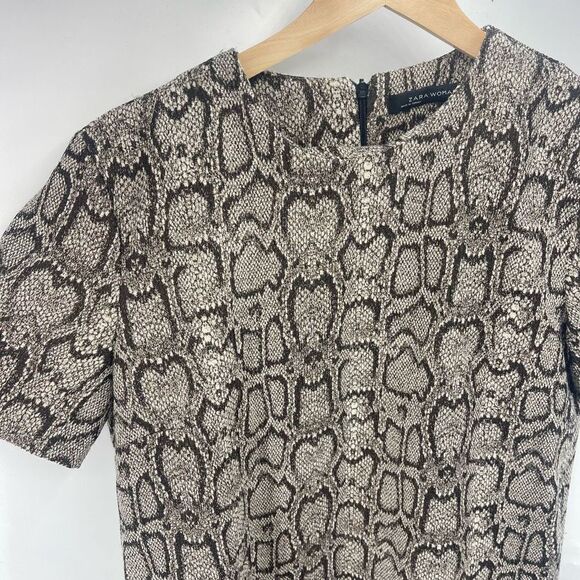 Zara Woman Women's Animal Print Shift Dress Stretch Short Sleeve Tan Gray Medium - Picture 5 of 9